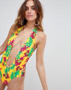 Vero Moda Floral Halter Swimsuit With Cut Outs-multi