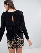 Glamorous Sweater With Lace Up Back-black
