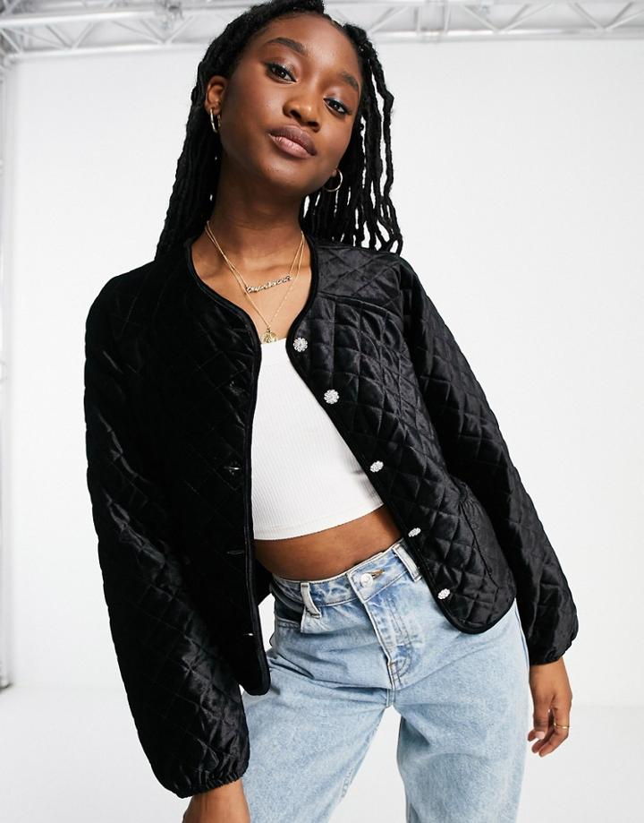 Pieces Velvet Diamante Detail Quilted Jacket In Black