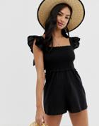 Asos Design Shirred Romper With Frill Sleeve - Black