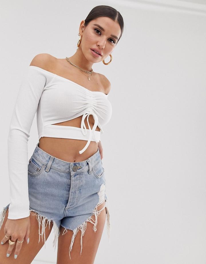 Asos Design Ruched Front Bardot Crop Top In Rib - White