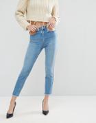 Asos Farleigh High Waist Slim Mom Jeans In Prince Mid Wash With Cut Out Details - Blue