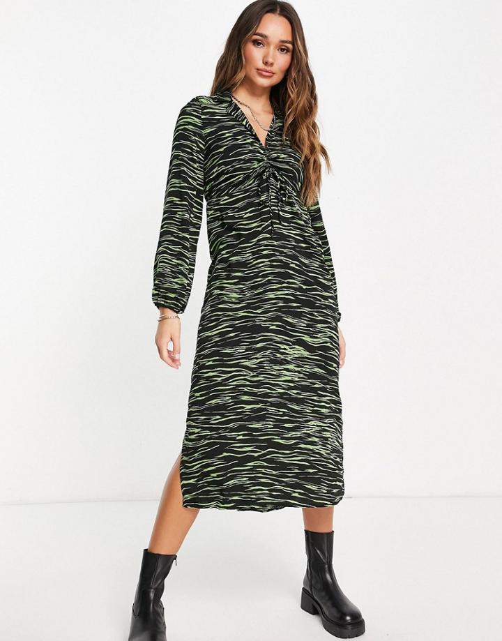 Vero Moda Ruched Front Zebra Print Midi Dress In Green-multi