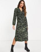 Vero Moda Ruched Front Zebra Print Midi Dress In Green-multi