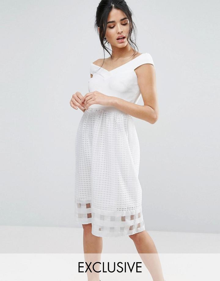 Elise Ryan Bardot Midi Dress With Check Mesh Skirt - Cream