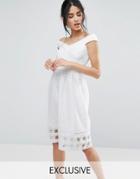 Elise Ryan Bardot Midi Dress With Check Mesh Skirt - Cream