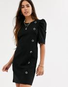 River Island Puff Sleeve Mini Dress With Button Detail In Black