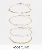 Asos Design Curve Pack Of 4 Bracelets With Snake And Disk Charms In Gold Tone