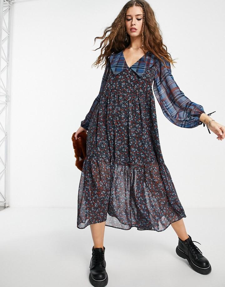 Topshop Grunge Mix & Match Floral Check Midi Dress-multi