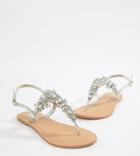 Asos Design Fairlight Leather Extra Wide Fit Embellished Flat Sandals - Silver