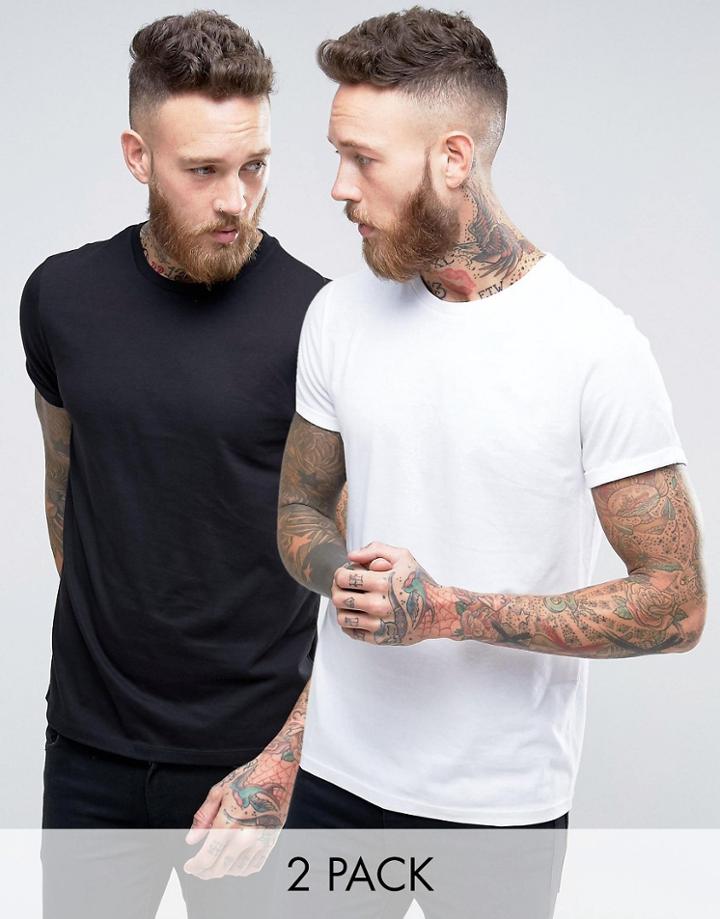 Asos 2 Pack T-shirt In Black/white With Roll Sleeve Save - Multi