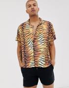 Asos Design Relaxed Short Sleeve Shirt In Tiger Print With Revere Collar - Brown