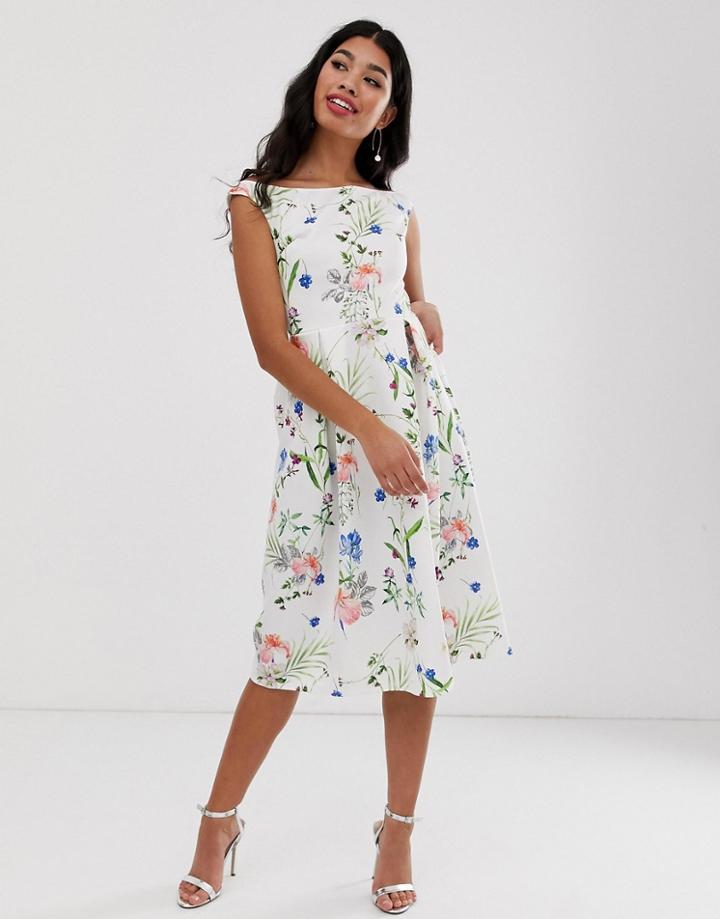 True Violet Floral Off Shoulder Skater Dress-multi