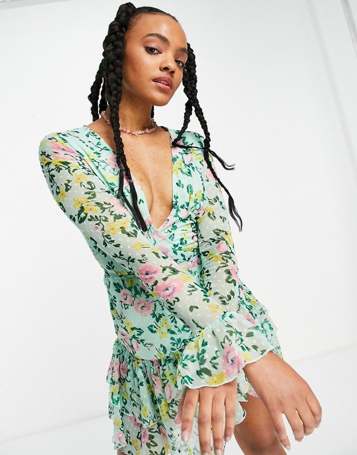 Asos Design Texture Mini Wrap Dress With Fluted Sleeves In Green Whimsy Floral Print-multi