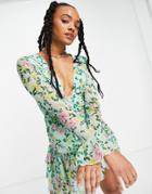 Asos Design Texture Mini Wrap Dress With Fluted Sleeves In Green Whimsy Floral Print-multi