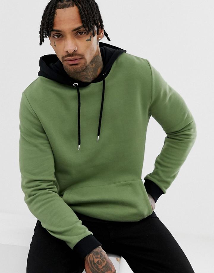 Asos Design Hoodie In Khaki With Contrast Hood And Ribs - Green