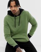 Asos Design Hoodie In Khaki With Contrast Hood And Ribs - Green