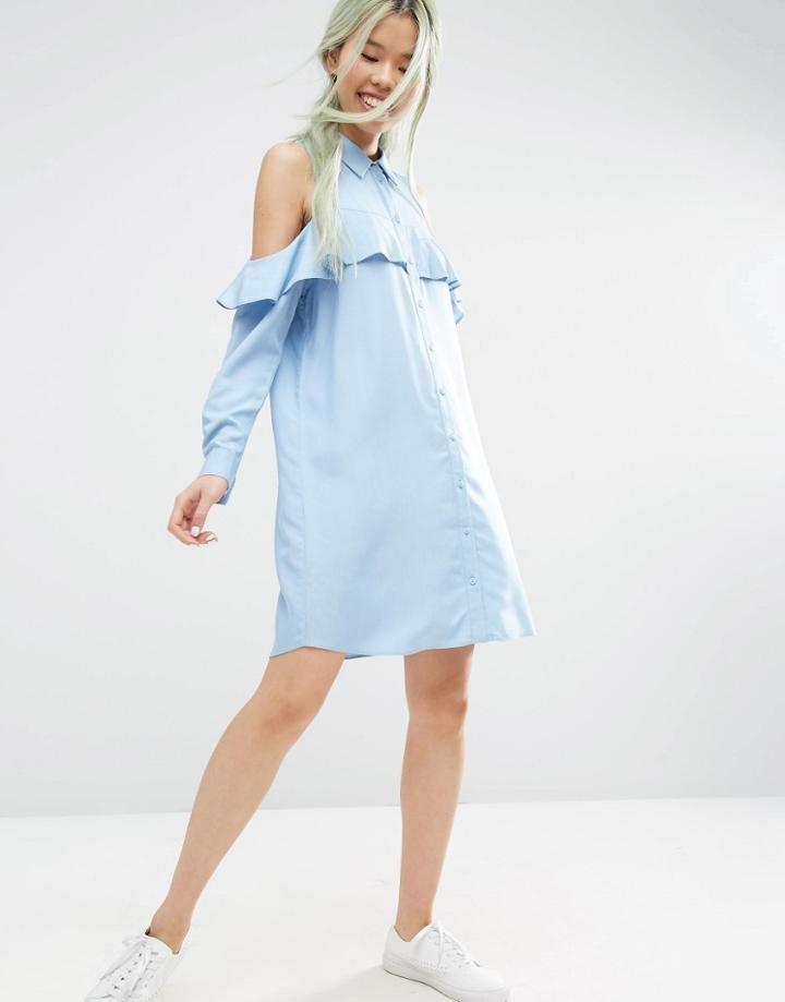 Asos Cold Shoulder Frill Sleeve Shirt Dress - Blue