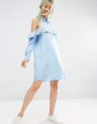 Asos Cold Shoulder Frill Sleeve Shirt Dress - Blue