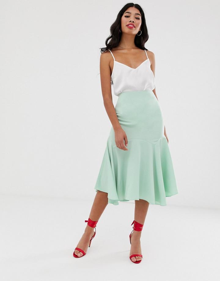 Asos Design Satin Midi Skirt With Seam Detail-green