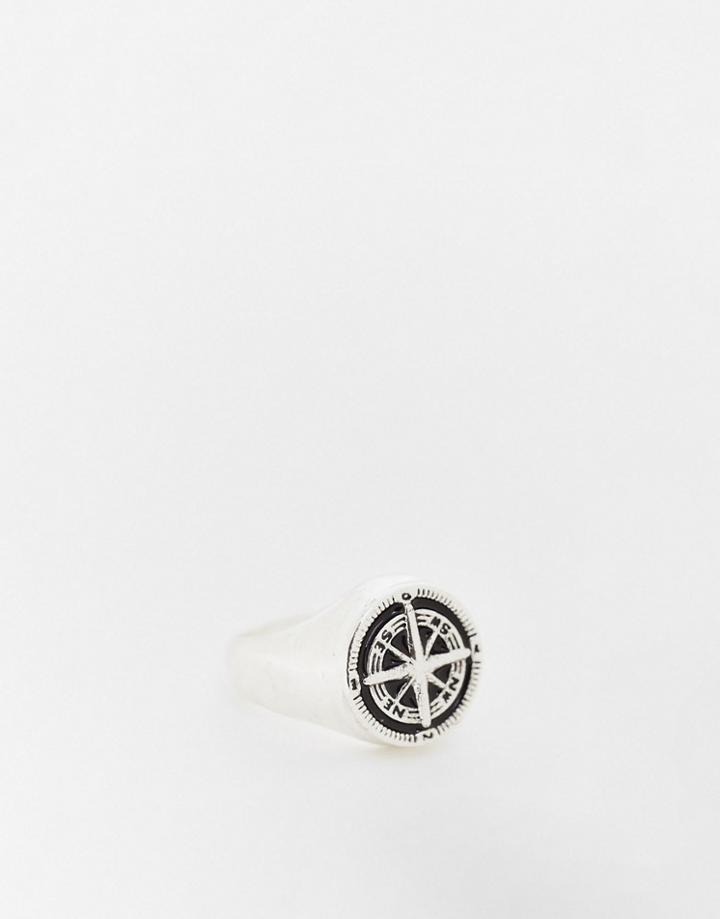 Asos Design Signet Ring With Compass Design In Burnished Silver Tone