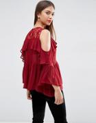 Asos Cold Shoulder Tiered Ruffle Blouse With Lace Insert - Red