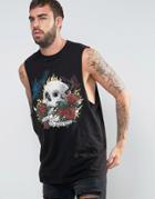 Asos Longline Sleeveless T-shirt With Skull Print And Dropped Armhole - Black