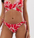 Warehouse Tie Side Bikini Bottoms In Tropical Print - Red