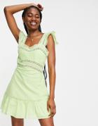 Miss Selfridge Lace Insert Textured Mini Dress In Lime Green