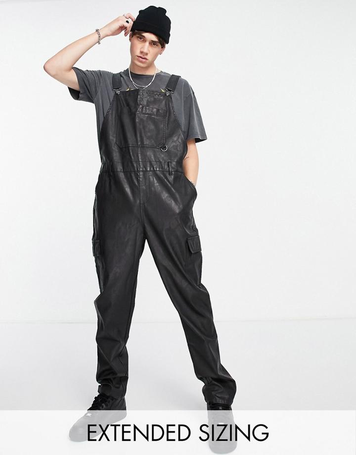 Asos Design Faux Leather Overalls In Black