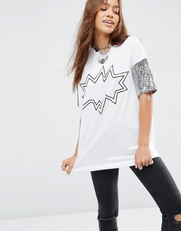 Asos T-shirt With Sequin Print And Sleeves - White