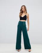 Boohoo Button Front Wide Leg Pants In Green - Green