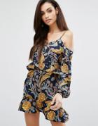 Prettylittlething Cold Shoulder Printed Ruffle Dress - Multi