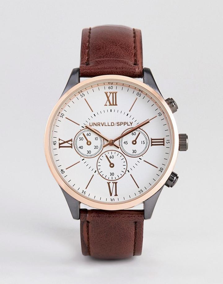Asos Design Watch With Mixed Metal Finish And Croc Strap In Brown
