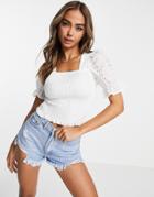 Qed London Shirred Body Crop Top With Broderie Sleeves In White