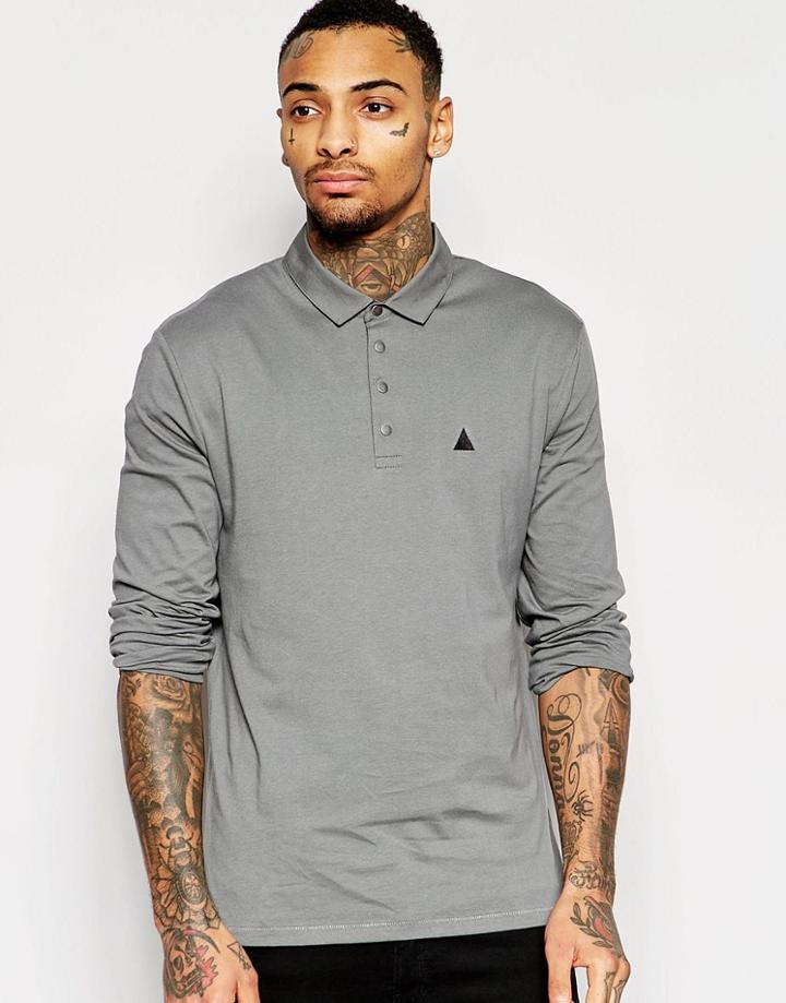 Asos Long Sleeve Jersey Polo With Woven Collar In Grey - Gray