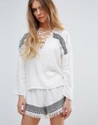 First & I Lace Up Front Embroidered Top - White