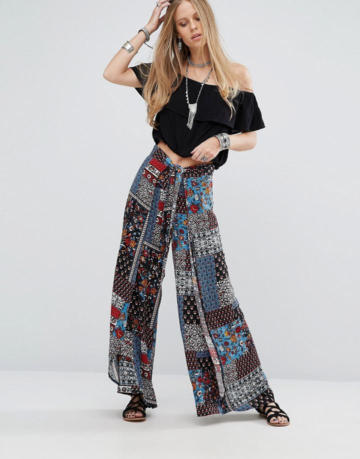 Kiss The Sky Tie Front Split Leg Pants In Patchwork Print - Multi