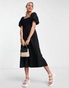 New Look Square Neck Shirred Long Sleeve Midi Dress In Black