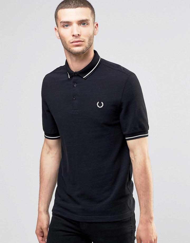 Fred Perry Laurel Wreath Polo Shirt Slub Pique Woven Collar In Slim Fit - Black
