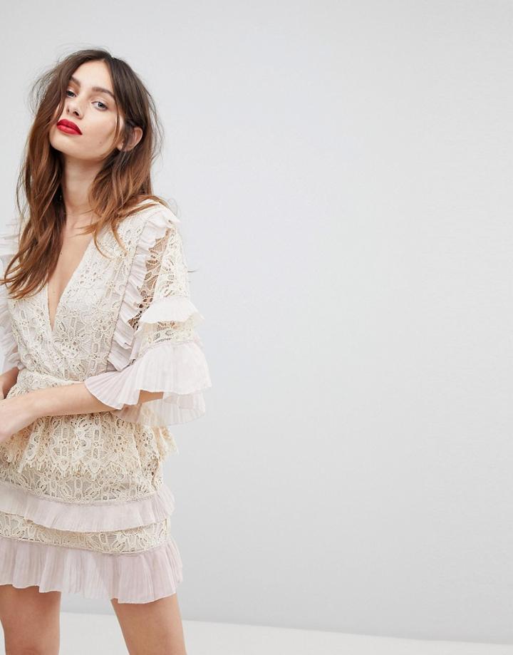 Stevie May Floral Lace Dress With Pleat Frill - Cream