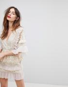 Stevie May Floral Lace Dress With Pleat Frill - Cream