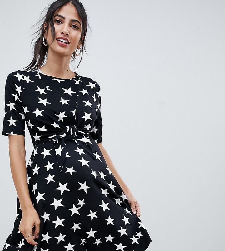 Asos Design Maternity Nursing Knot Front Mini Skater Dress In Star Print - Multi