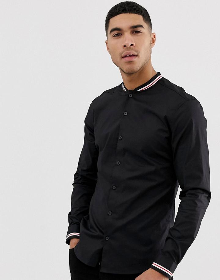 Asos Design Stretch Slim Fit Poplin Shirt With Rib Grandad Collar-black