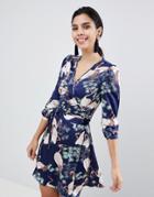 Liquorish Stalk Bird Print Wrap Dress - Navy