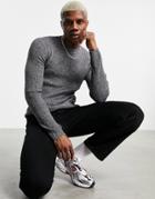 Asos Design Muscle Fit Ribbed Sweater In Black And White Twist-grey