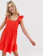 Asos Design Slubby Cotton Smock Dress With Frill Detail - Red