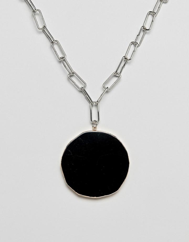 Asos Design Necklace With Statement Natural Style Stone Pendant In Silver - Silver