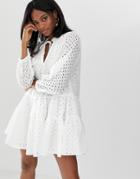 Asos Design Tiered Trapeze Mini Dress In Broderie - White
