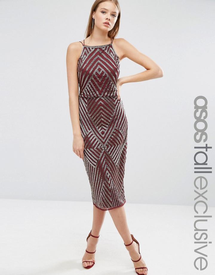 Asos Tall Pencil Dress With Chevron Embellishment - Red